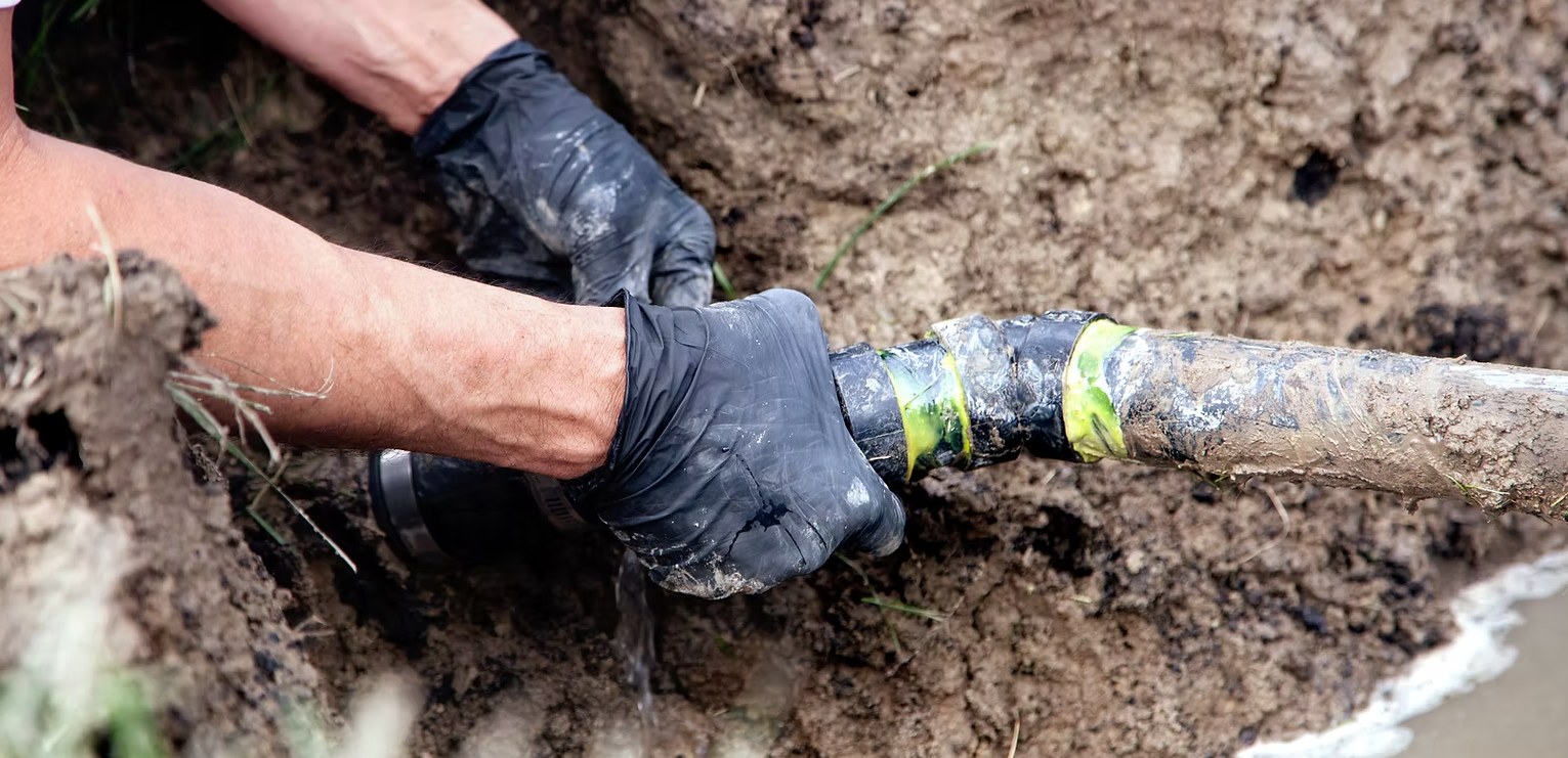 Gloved hands repairing an underground pipe